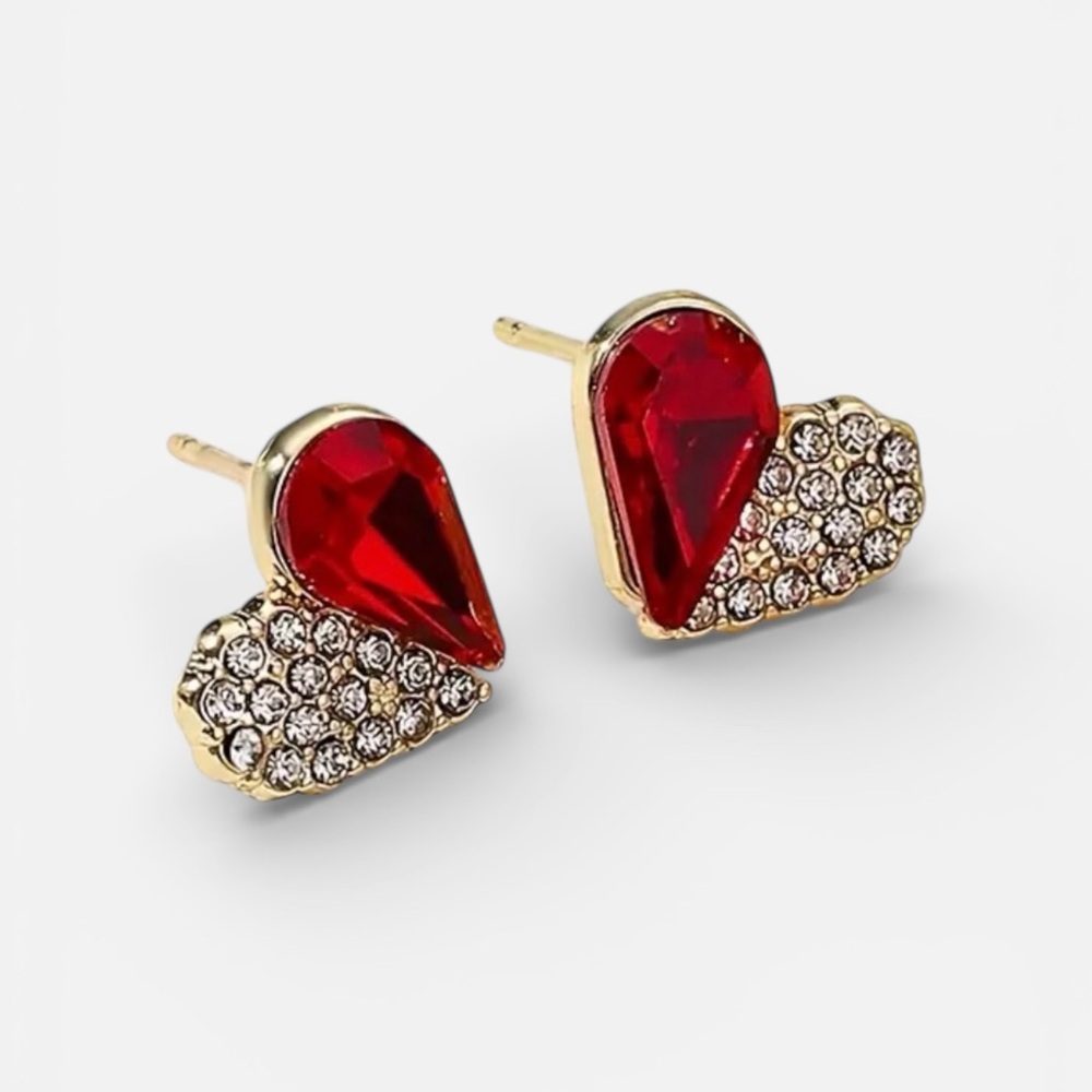 14k Gold Plated CZ Red Heart Stud Earrings. New.